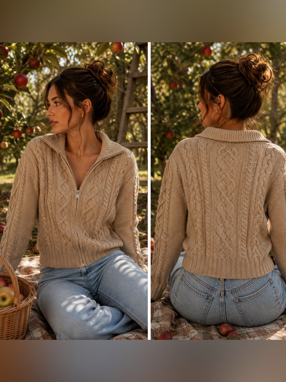 GAP Women's Beige Tan Cable-Knit Zip Cardigan 100% Lambswool Sweater Size Large
